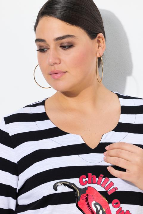 Produktbild Ulla Popken Shirt, Ringel, verzierte Peperoni, Classic, V-Ausschnitt, 3/4-Arm (46, 48)