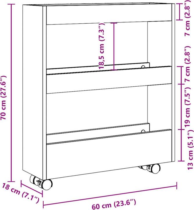 Immagine prodotto vidaXL Carrello portaoggetti Carrello da cucina stretto a 3 ripiani Rovere Sonoma