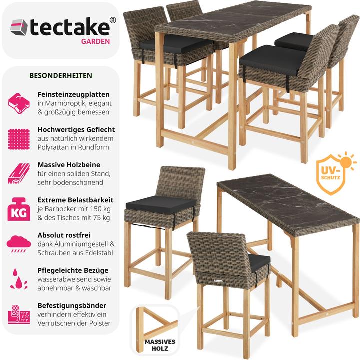 Produktbild tectake Rattan Bartisch Lovas mit 4 Stühlen Latina (161 x 64.50 x 99.50 cm)