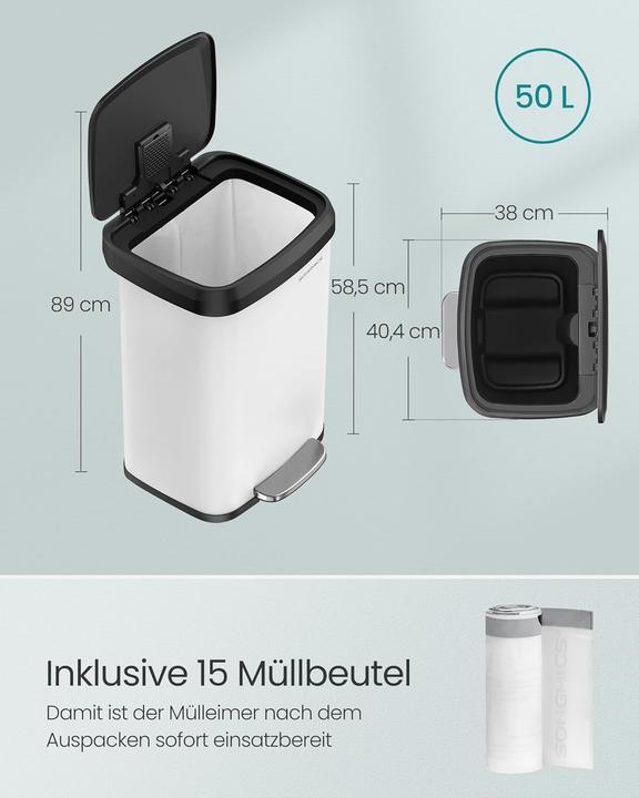 Produktbild Songmics Tretmülleimer mit Deckel und Kohlefilter, inkl. 15 Müllbeutel (50 l)