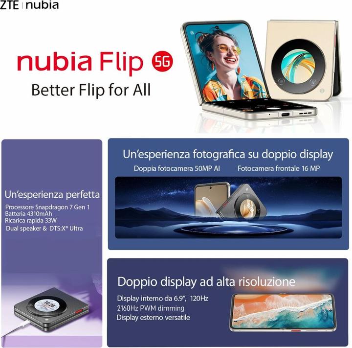 Produktbild ZTE Nubia Flip 5G 8Gb 256Gb 1.4"-6.9" (256 GB, Cosmic Black, 6.90", Dual SIM, 5G)