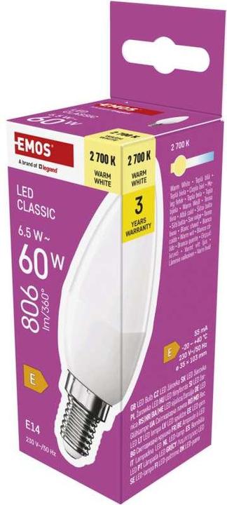 Image du produit Emos Lampe LED Classic Candle / E14 / 6,5 W (60 W) / 806 lm / Blanc chaud (E14, 806 lm, 1 x)