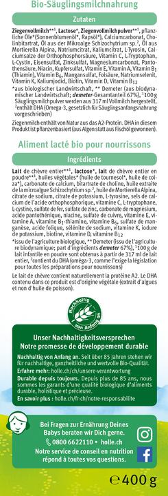 Nährwerte und Zutaten Holle Bio-Anfangsmilch 1 (460 g, ab Geburt)