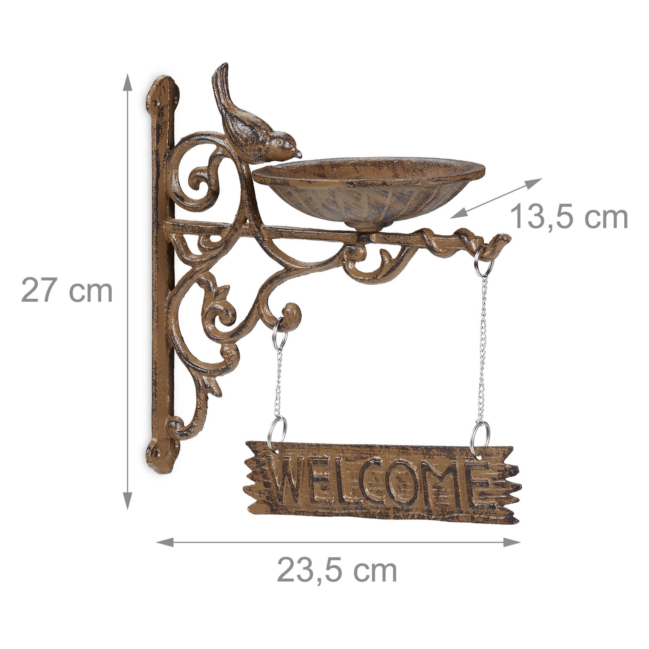 Relaxdays Bain d’oiseaux en fonte de fer, inscription WELCOME, décoration murale, pour le jardin, marron