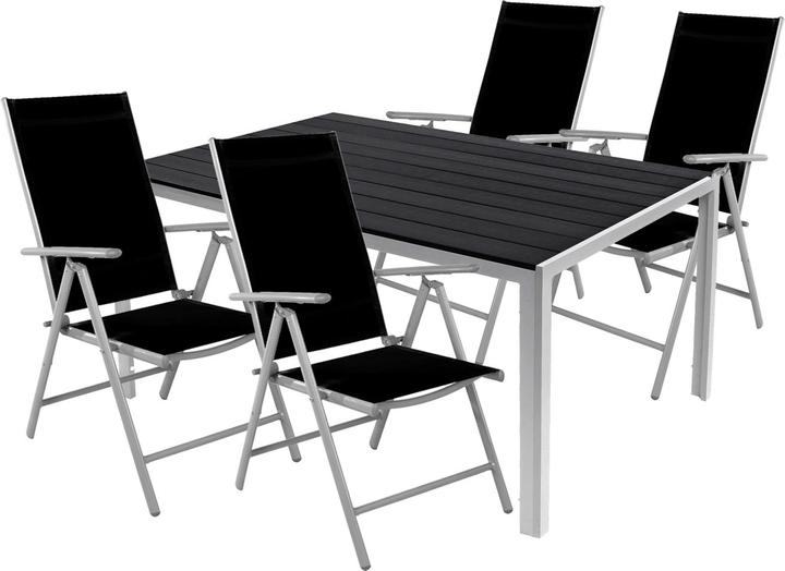 Actual product image Mojawo 5pcs Garden Furniture Set Alu Non-Wood 180x90x74cm + 4 Folding Chairs Silver/Black (180 cm)
