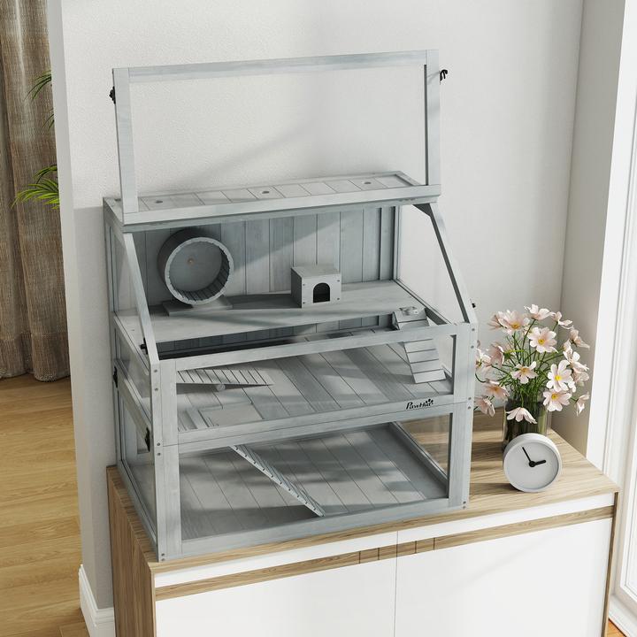 Image du produit PawHut Hamsterkäfig Tannenholz, Acryl Hellgrau