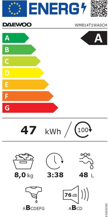 Label énergétique Daewoo WM814T1WA0CH (8 kg, Gauche)