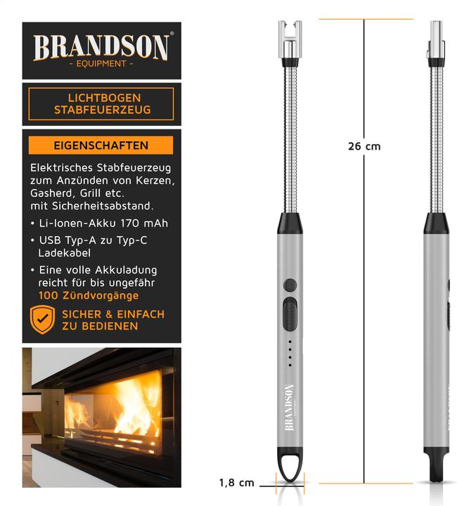 Produktbild Brandson Feuerzeug elektrisch, Lichtbogen Stabfeuerzeug USB aufladbar, flexibler Hals, Kaminanzünder, silber
