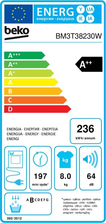 Energie-Label Beko BM3T38230W (8 kg, Rechts)