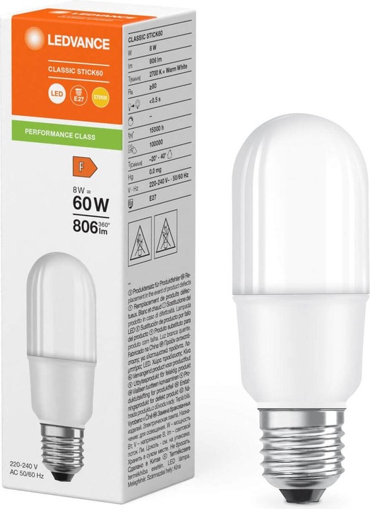 Produktbild Ledvance LED STICK60 8W 827 FR E27 P LEDV (E27, 8 W, 806 lm, 1 x, F)