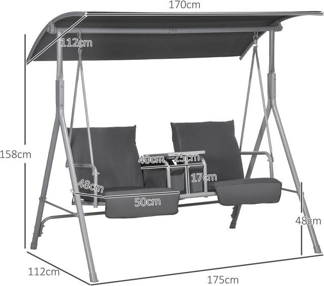 Actual product image Swisshandel24 Hollywoodschaukel 2-Sitzer mit Tablett, bis 180 kg Belastbar, Balkon, Schwarz