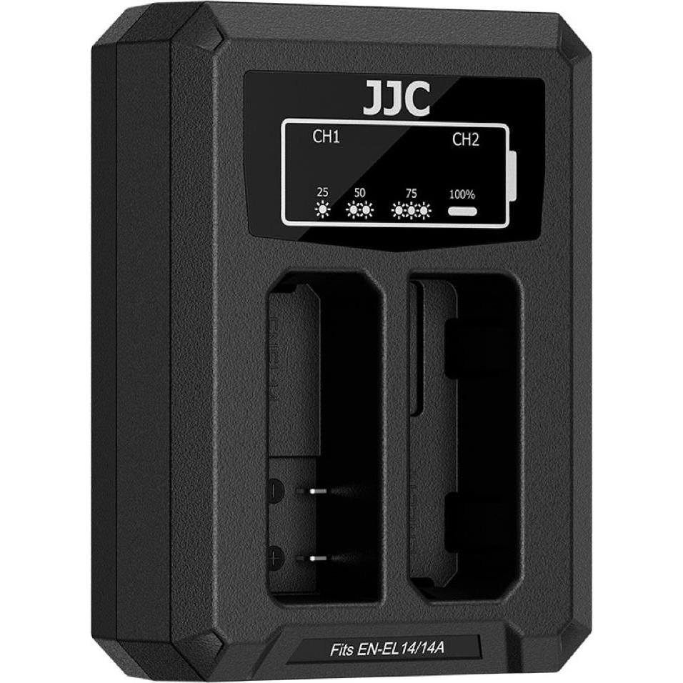 JJC Nikon DCH EL14TC USB C Dual BatteryCharger (voorNikon EN EL14/EN EL14A) (Caricabatterie per fotocamere), Alimentatore fotocamera, Nero