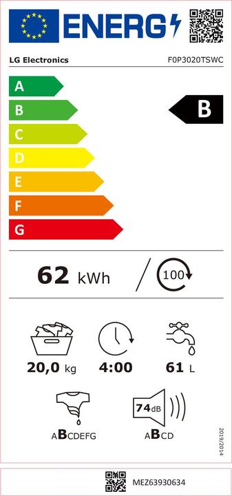 Energie-Label LG P3 Serie F0P3020TSWC Freistehende Waschmaschine (Links)