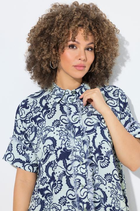 Immagine prodotto Ulla Popken Musselinbluse, Blätter, Oversized, Halbarm, Fransensaum (58)