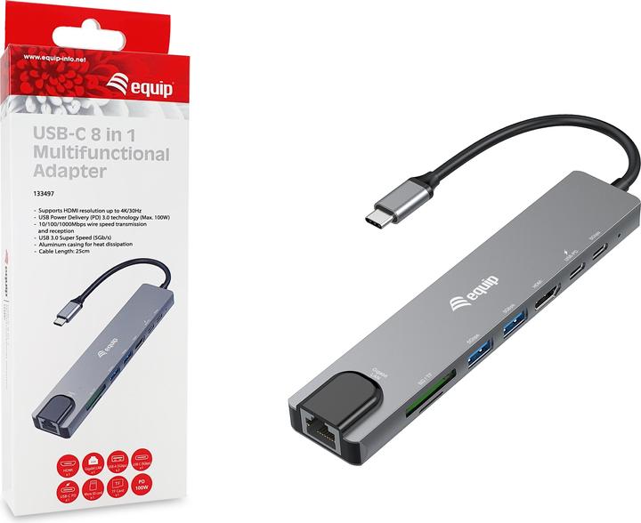 Image du produit equip Adapter USB-C -> HDMI,GbE,3xUSB3.2 Gen1,SD/TF,PD 100W (USB-C, 8 Ports)