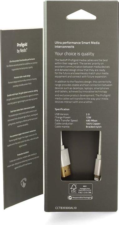 Actual product image Nedis CCTB39300AL10. Colour of product: Aluminium, Connector 1: USB A, Connector 2: Lightning. Packaging (1 m, USB 2.0, 12 W)