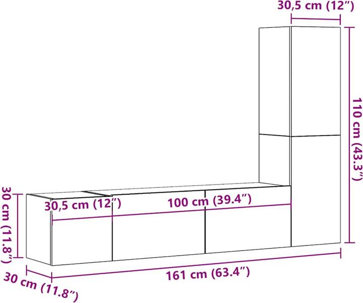 Image du produit vidaXL 3-teiliges Wand-Montage TV-Schrank Set Schwarz Eichenholz Spanplatte (130.50 x 30 x 140 cm)