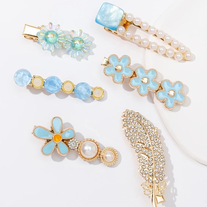 Immagine prodotto Activity Board 6pcs Bunte Feder Blumen Faux Perle Strass Haarspangen Mode Luxus Urlaub Reise Haarnadeln (6 pz.)