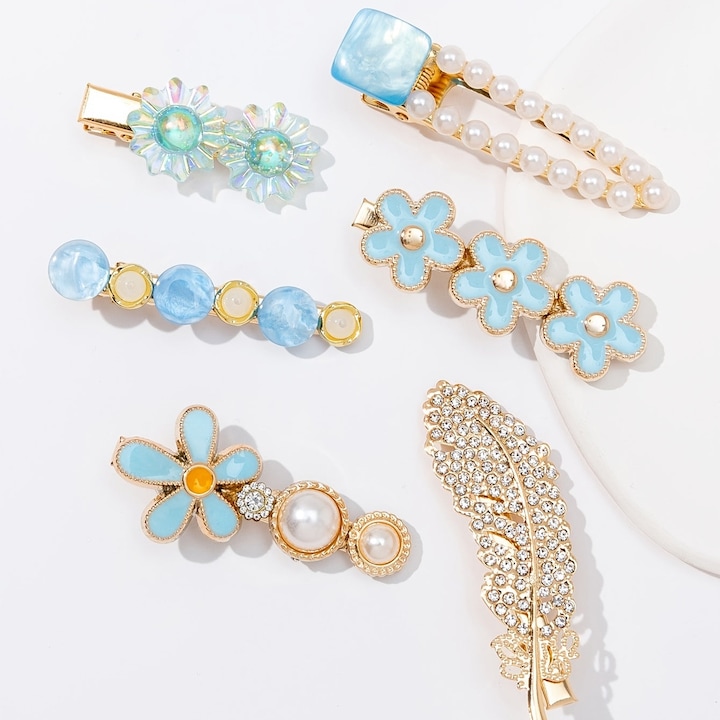 Activity Board 6pcs Bunte Feder Blumen Faux Perle Strass Haarspangen Mode Luxus Urlaub Reise Haarnadeln