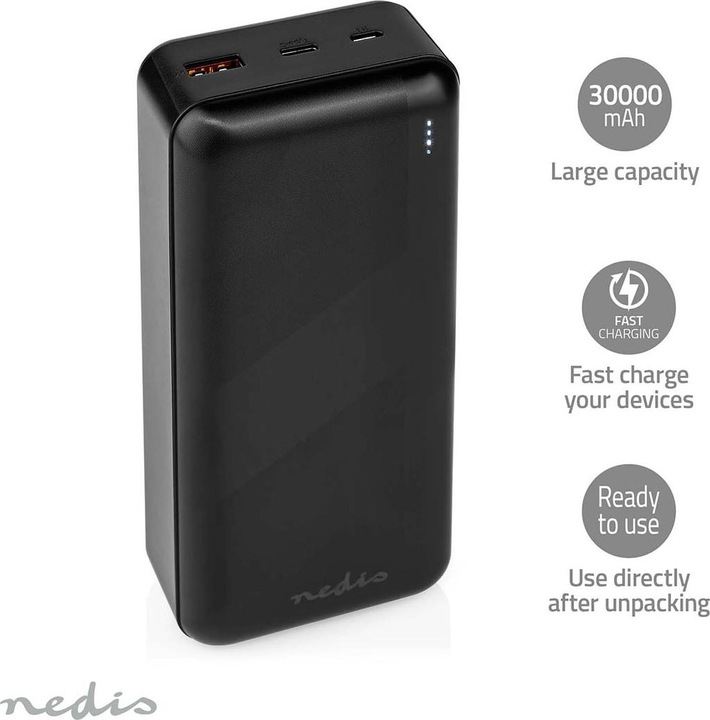 Produktbild Nedis powerbank | 32000 mAh | 2.4 / 3.0 / 3.25 A | Anzahl der Ausgänge: 2 | Ausgangsanschluss: 1x US (32000 mAh, 65 W, 111 Wh)