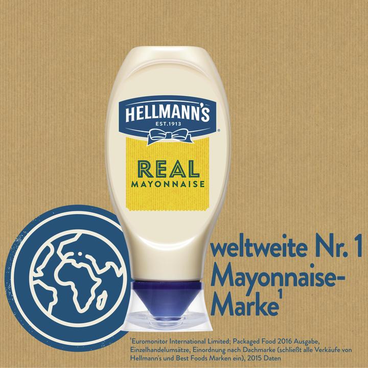 Produktbild Hellmann's Real Mayonnaise Squeezer Flasche, Eier aus Freilandhaltung, Mayo für Burger, Pommes & Sandwich (430 g)