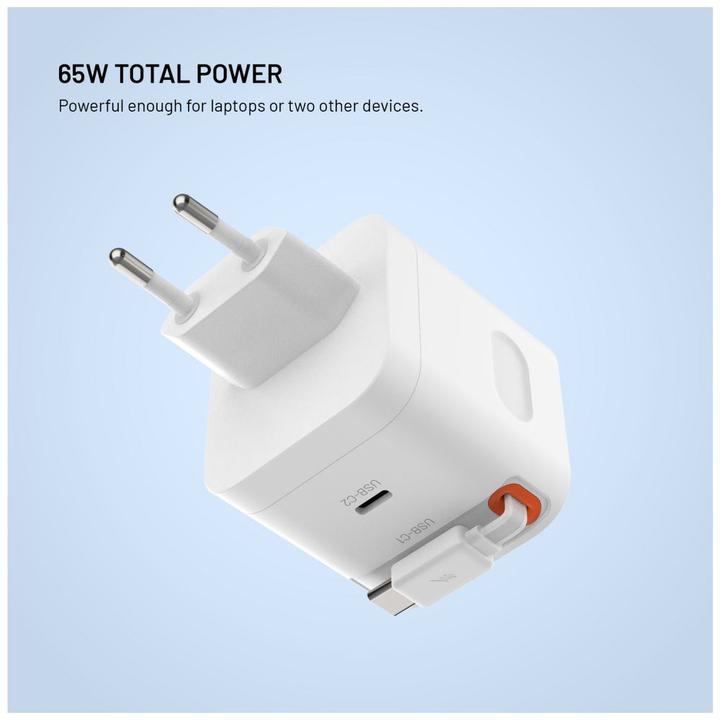Produktbild Fixed GaN Netzladegerät mit 2xUSB-C Unterstützung PD 3.0 mit selbstaufwickelndem Kabel 65W weiss (65 W, 2 Ports)