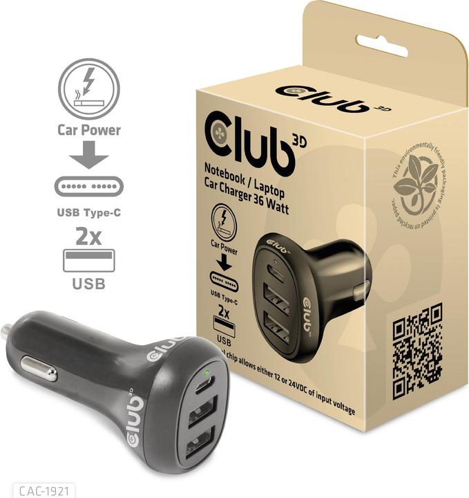 Actual product image Club 3D Club3D USB Car Charger 1xUSB C, 2xUSB A, 36W, 12/24V retail
