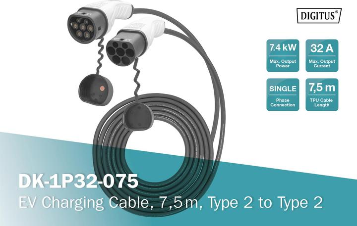 Image du produit Digitus Single phase 32A - Type 2 to Type 2 charging cable (Type 2, 7.40 kW, 32 A, 7.50 m)