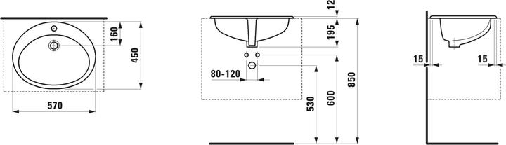 Produktbild Laufen Indova Einbauwaschtisch, von oben, mit Armaturenbank, 1 Hahnloch, mit Überlauf, 570x450mm, H (450 mm, 570 mm)