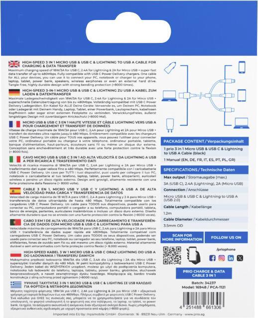 Actual product image prio 3in1 Micro USB & USB C & Lightning to USB A Cable 3A 1.2m black (1.20 m)