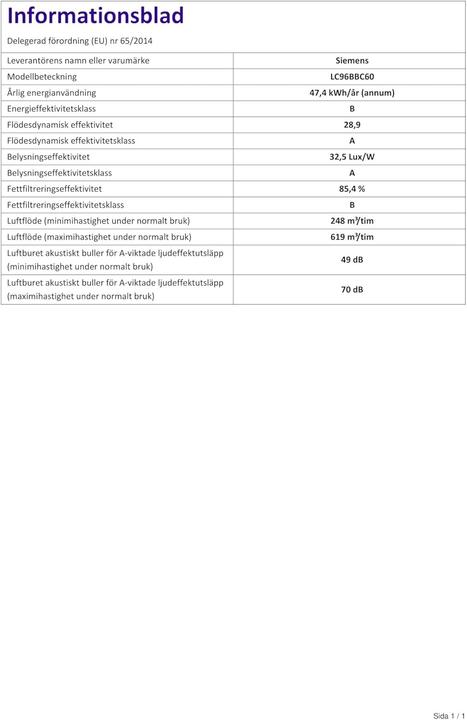 Nährwerte und Zutaten Siemens LC96BBC60 (Wandhaube)