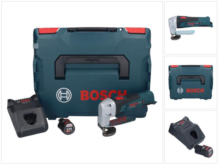 1x Bosch GSC 12V-13 Professional cordless tin snips, 1x Bosch GBA 12 V 3.0 Ah battery (1600A00X79), 1x Bosch GAL 12V-40 charger (1600A019R3), 1x L-Boxx 102 case (1600A012FZ), 1x matching insert