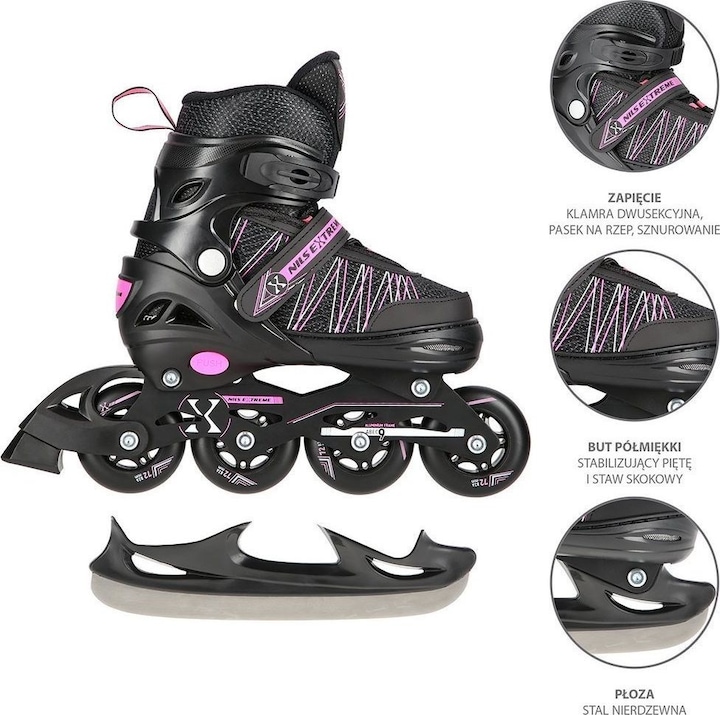 Actual product image Nils Roller Skates/Hockey Skates NH11912 black-pink - PU76 mm/82A (M 35-38) (37)