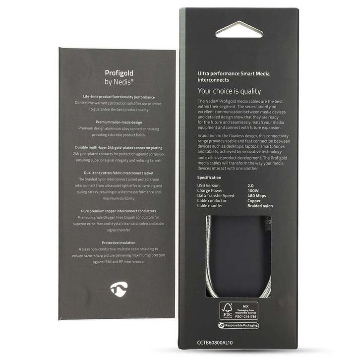 Actual product image Nedis CCTB60800AL10. Cable length: 1 m, Port 1: USB C, Port 2: USB C, USB version: USB 2.0, Maxim (1 m, USB 2.0, 100 W)