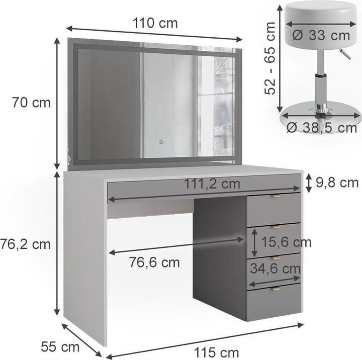 Actual product image Vicco Elise with LED mirror & stool (115 x 55 x 76 cm)