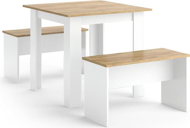 Vicco Esstisch Set Sentio, Weiss/Goldkraft Eiche, 80 x 80 cm mit 2 Bänken