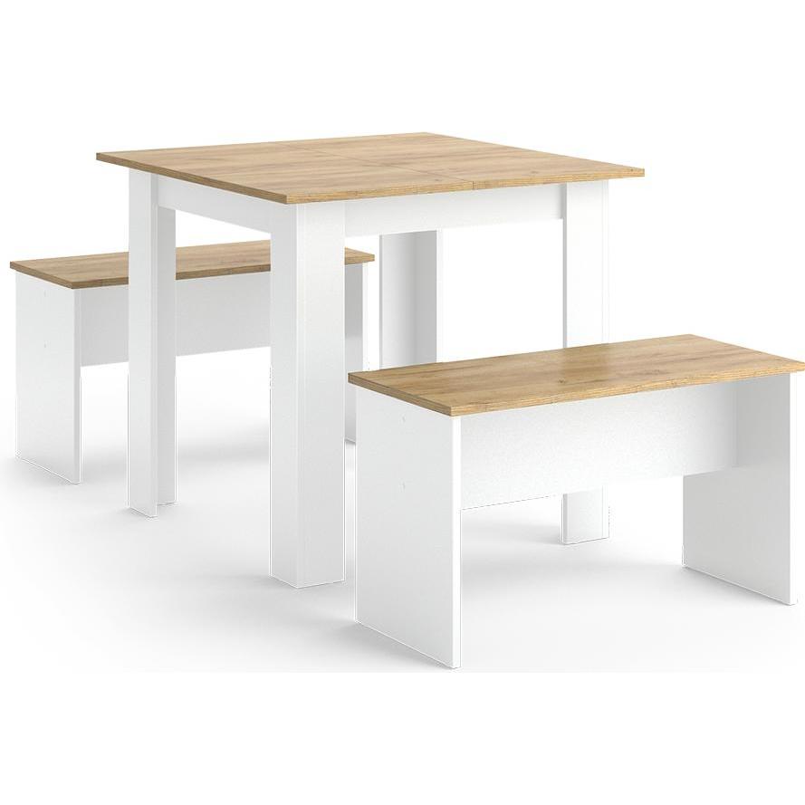 Vicco, Esstisch, Esstisch Set Sentio, Weiss/Goldkraft Eiche, 80 x 80 cm mit 2 Bänken