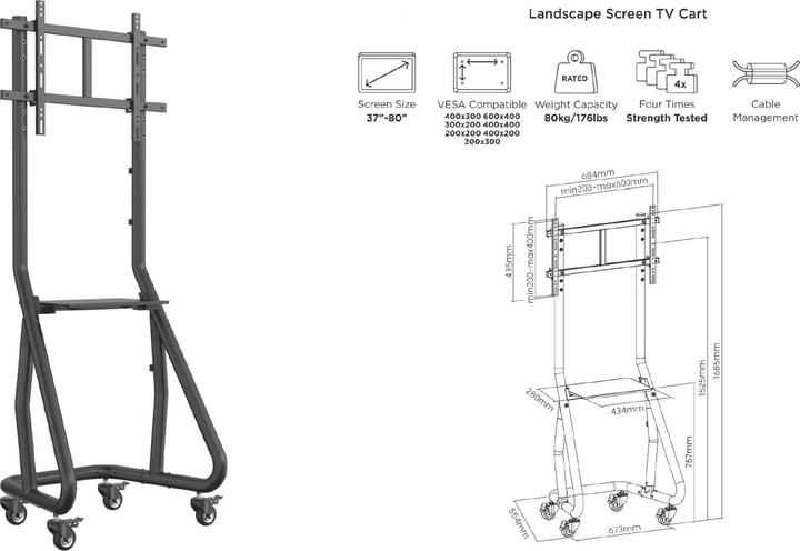 Produktbild equip TV-Wagen 37"-80"/80kg 1TFT mit Höhenverstellung grau (80", 80 kg)