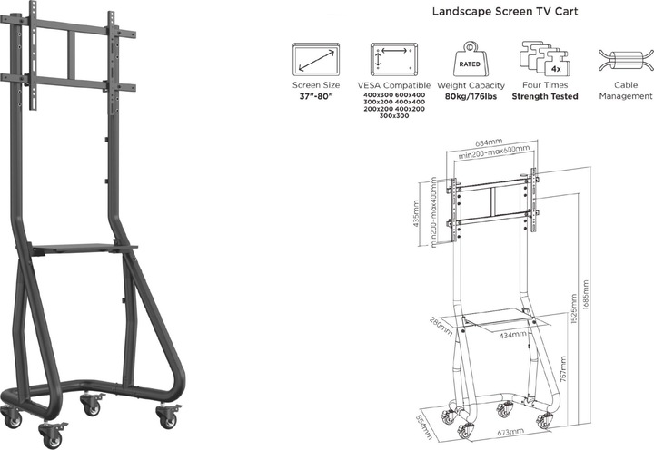 Actual product image equip TV trolley 37"-80"/80kg 1TFT with height adjustment grey (80", 80 kg)