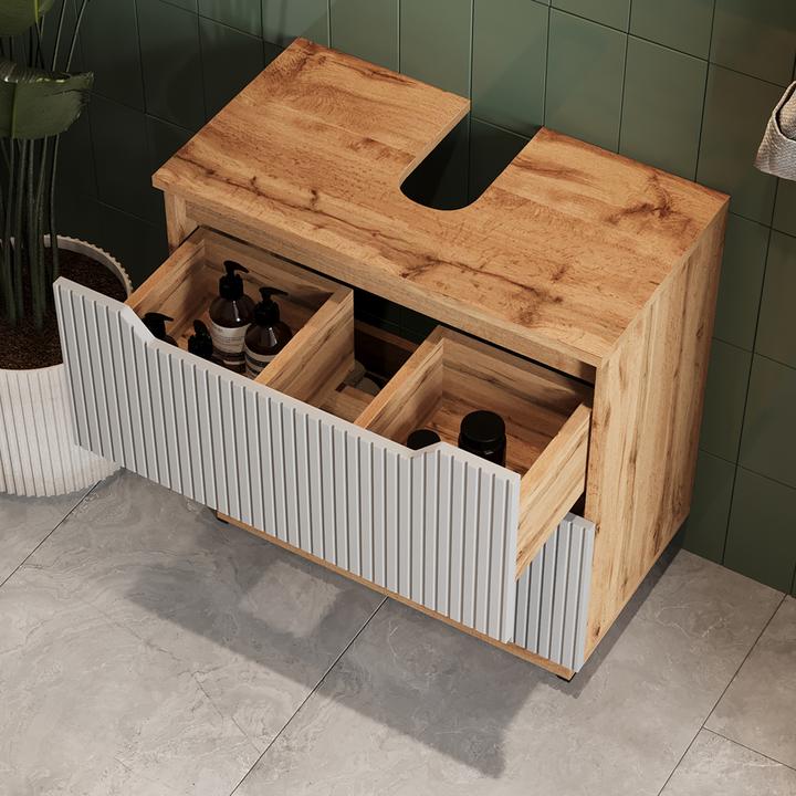 Actual product image Vicco Waschbeckenunterschrank Lotta, Eiche/grau gestreift, 59.8 x 62.5 cm mit 2 Schubladen (59.80 x 32 x 62.50 cm)