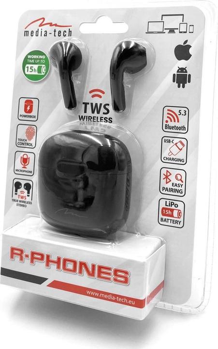 Image du produit Media-Tech MT3589K R-Phones TWS noir (Pas de réduction du bruit, 2 h, Sans fil)