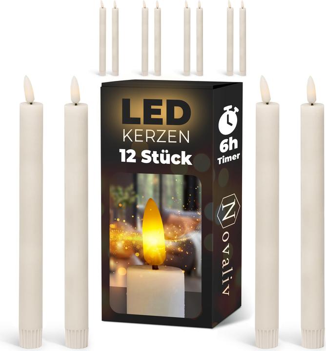Produktbild Novaliv LED Stabkerze mit Timerfunktion 12er Set - Weisse Stabkerze LED bewegliche Flamme Timer - 20cm Höhe (12 x)