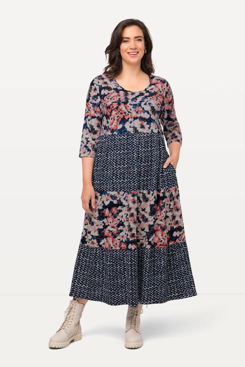 Image du produit Ulla Popken Robe trapèze longueur midi à col rond et manches 3/4, motif rayé (50, 52)