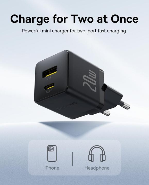 Image du produit Baseus Chargeur USB et USB-C Palm 20W UE noir (20 W, 2 ports)