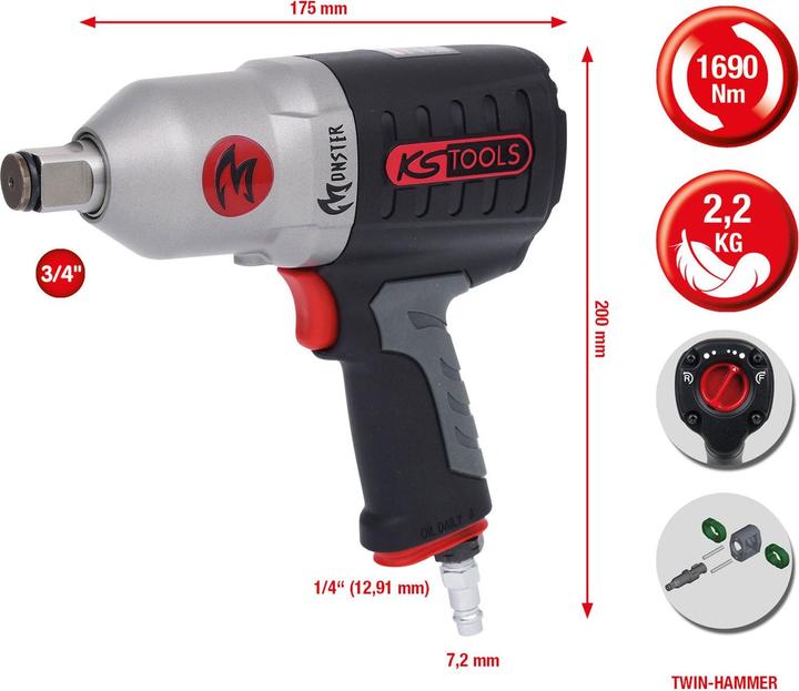 Immagine prodotto KS Tools Avvitatore ad aria compressa ad alte prestazioni 3/4" MONSTER, 1690 Nm, 88 dbA