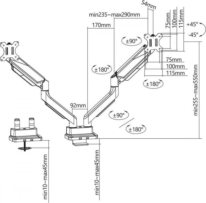 Produktbild Maclean Tischhalterung für zwei Monitore, Universal Ergo Office, Gasfeder 17"-35" 15 kg, VESA 75x75 (Tisch, 35", 15 kg)