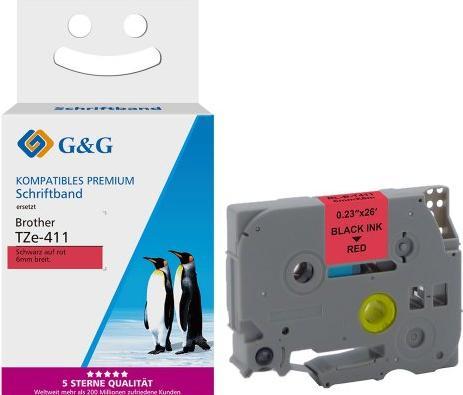 Actual product image G&G Kompatibel mit Brother TZe-411 Schriftband (6mm/8m, laminiert) Schwarz auf Rot (0.60 cm, Black, Red)