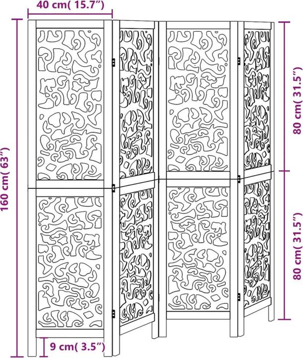 Produktbild vidaXL Paravent Raumteiler Trennwand 4-tlg. Schwarz Massivholz Paulownia