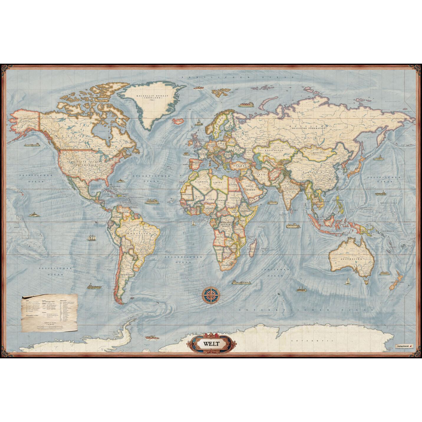 Weltkarte: Aktuelle Karte im antiken Stil, 1:20.000.000, Poster, freytag & berndt, Landkarte