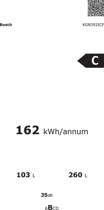 Etichetta energetica Bosch Hausgeräte Serie 4, Combinazione frigo-congelatore a libera installazione con sezione freezer sottostante, 203 (363 l)